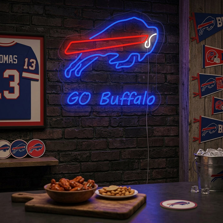 "Go Buffalo" Bills neon sign lit up blue and red in a cozy living room setting.