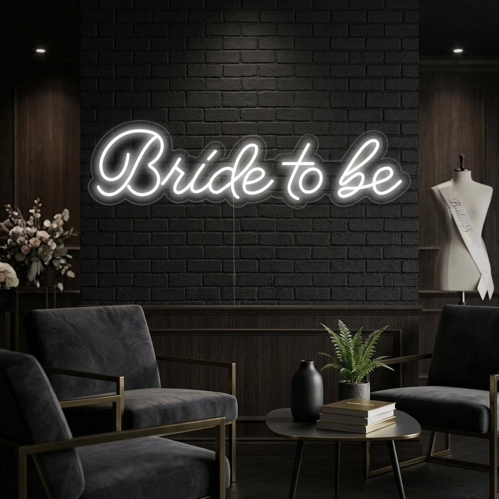 A vibrant 'Bride To Be' neon sign in scripted font mounted on a textured, floral wall in a beautifully decorated room, illuminating a celebratory event setup.
