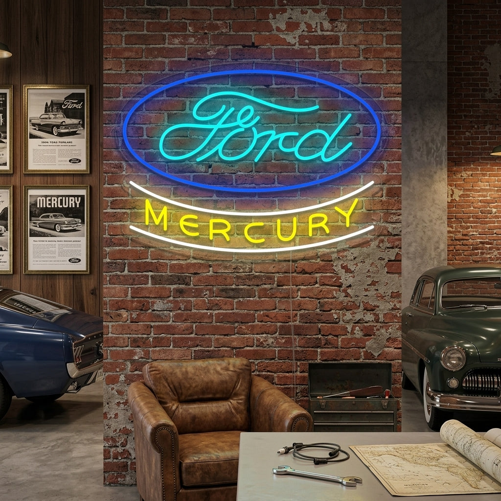 The iconic Mercury car logo neon sign glowing in a modern living room setting