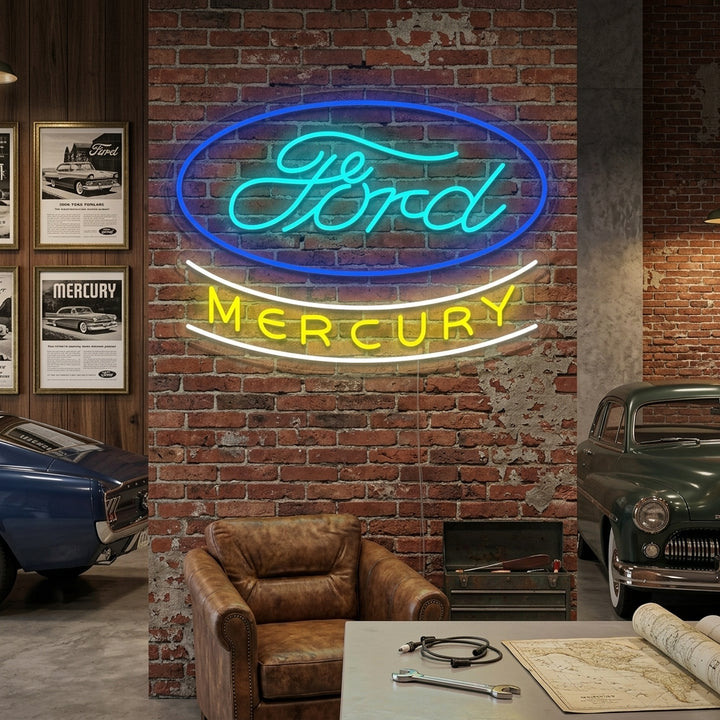 The iconic Mercury car logo neon sign glowing in a modern living room setting