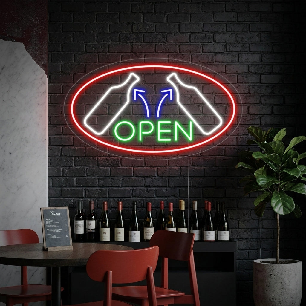 A lifestyle shot of the Open Wine Glass Neon Sign glowing on a wall.