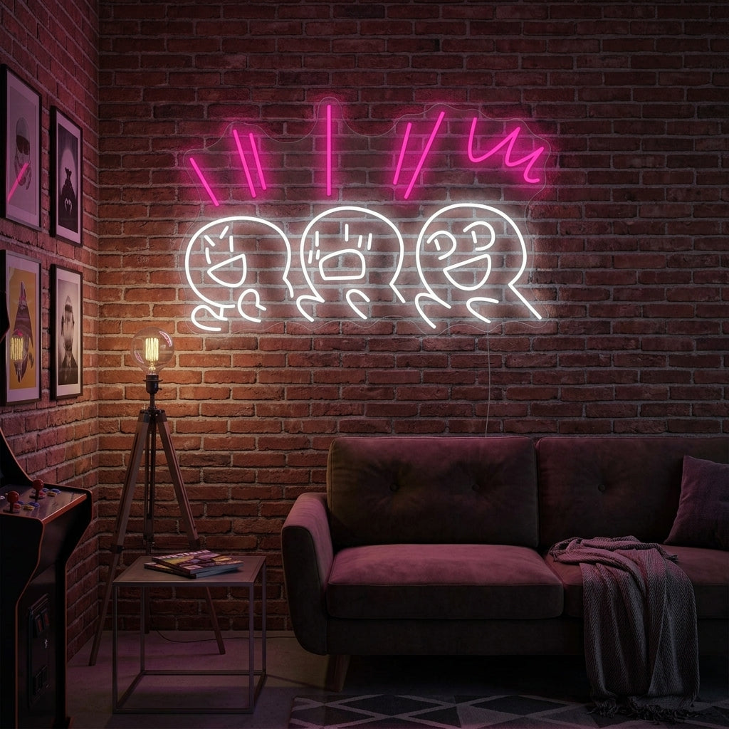 Handcrafted neon sign displaying the phrase "Cheer Up" in glowing script mounted on a dark textured wall above a sofa with soft ambient lighting.