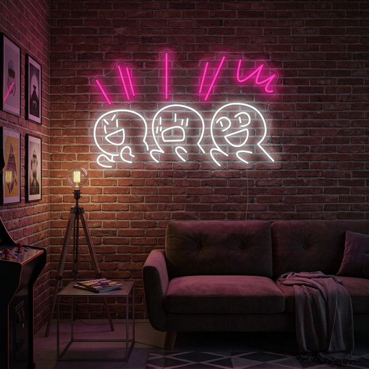 Handcrafted neon sign displaying the phrase "Cheer Up" in glowing script mounted on a dark textured wall above a sofa with soft ambient lighting.