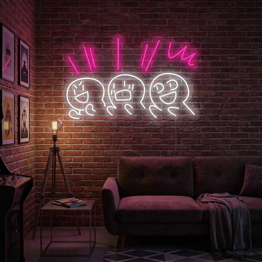 Handcrafted neon sign displaying the phrase "Cheer Up" in glowing script mounted on a dark textured wall above a sofa with soft ambient lighting.