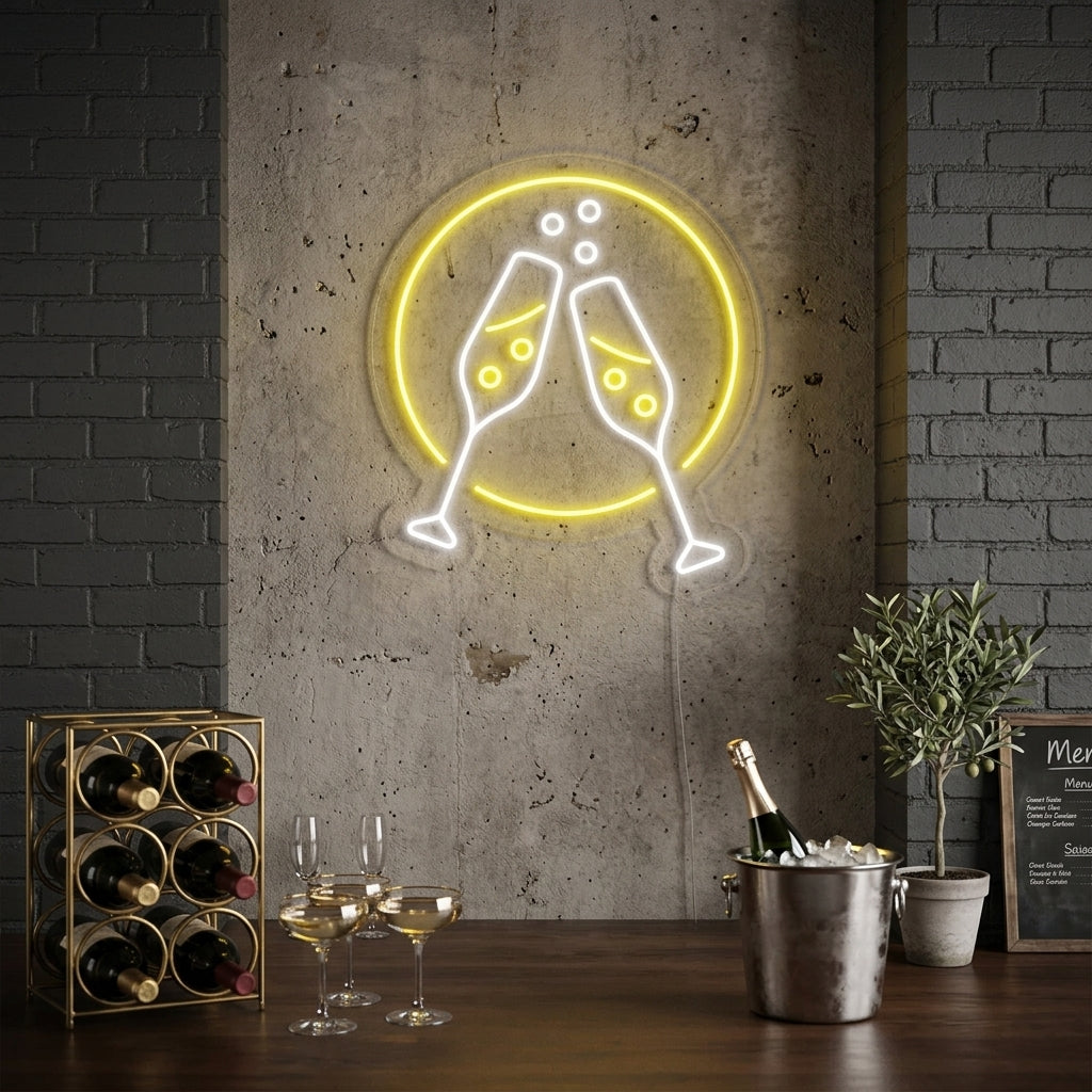 Lifestyle image showcasing the glowing Champagne Glasses Cheers neon sign on a dark wall above a bar, casting a warm light.