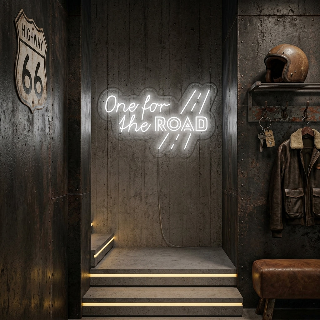 A cozy home bar area featuring the illuminated 'One for the Road' neon sign, a bottle of whiskey, and glasses on a rustic wooden counter.