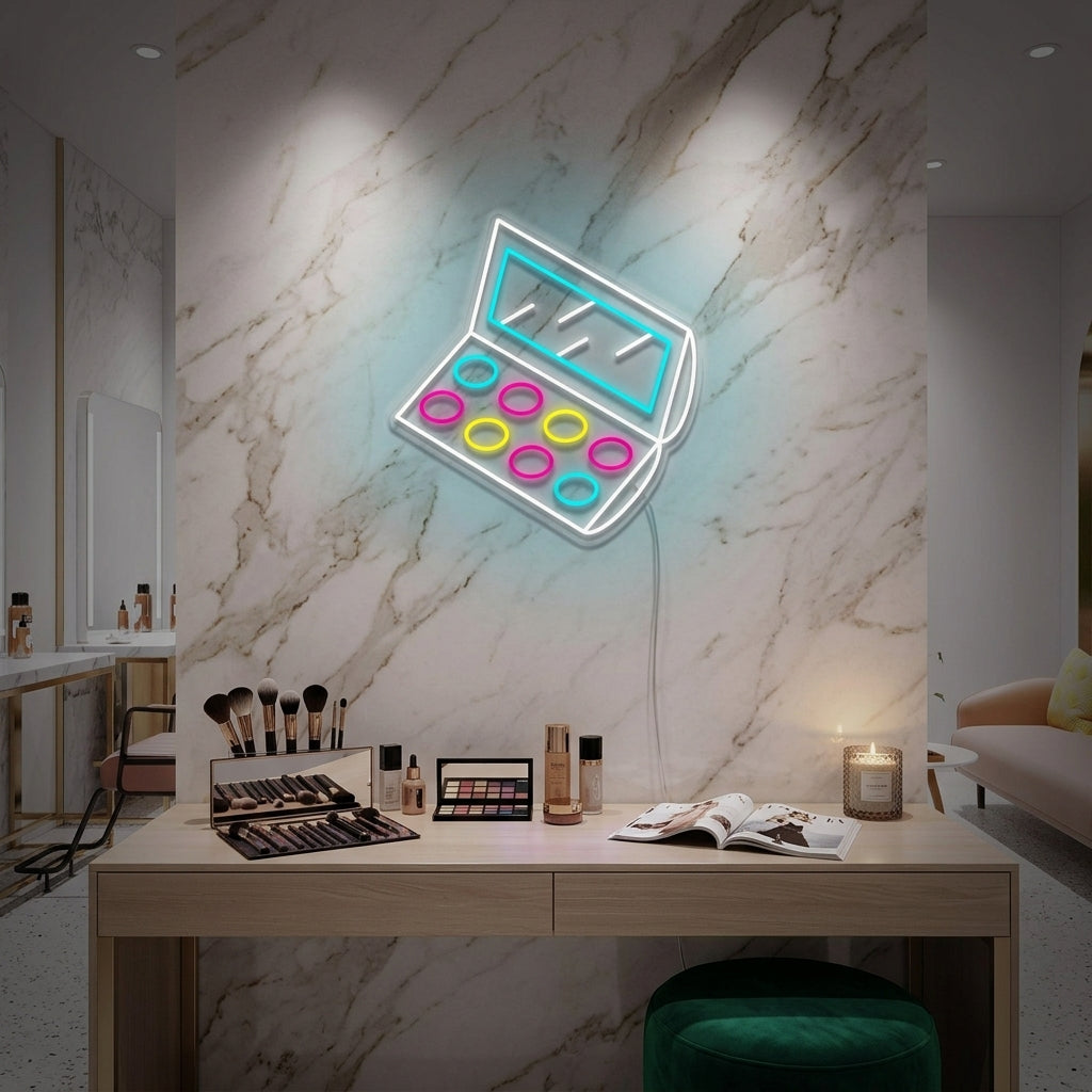 Glow from an 'Eyeshadow Palette' neon sign illuminating a stylish vanity and makeup station.