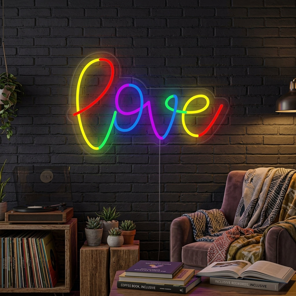 A lifestyle photo showing the 'LGBT Rainbow Love' neon sign glowing brightly on a textured wall in a modern living space.