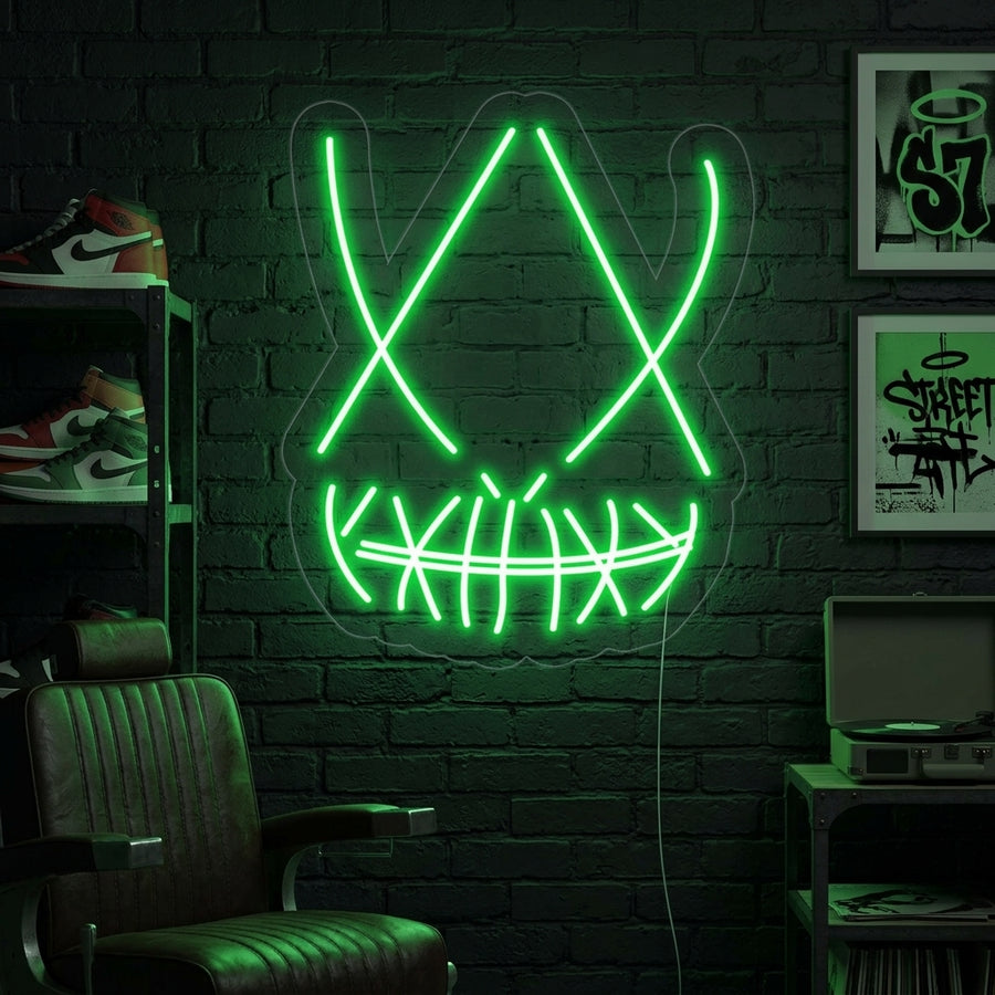 An illuminated 'Skull Musk' neon sign featuring red lettering, white skull graphic, and blue background light, displayed on a textured wall in a modern living space.