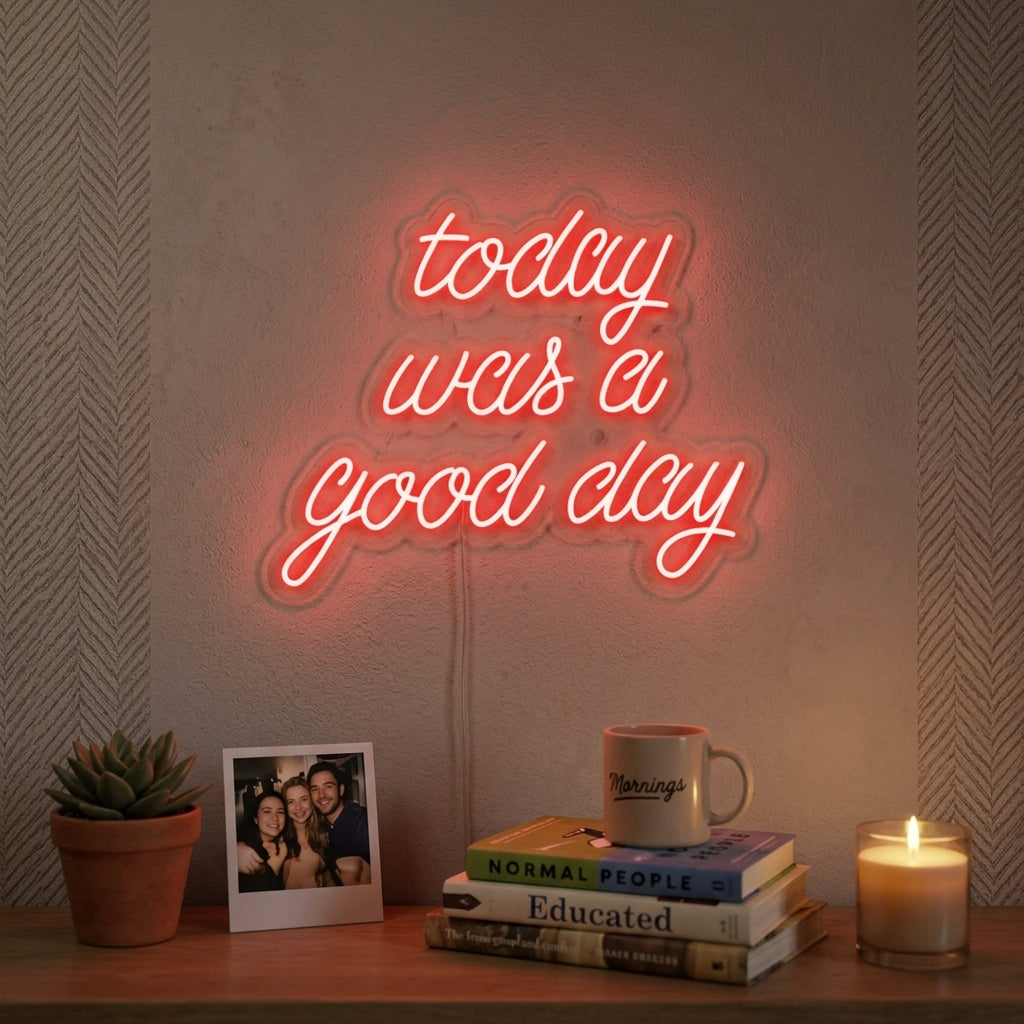 "Today Was a Good Day" neon sign illuminating a bedroom with a warm glow.