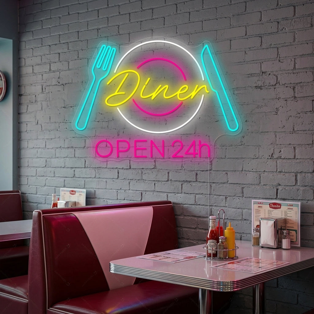 Warmly lit interior shot of a classic American diner booth at night, featuring a luminous pink and blue 'Dinner Open 24h' neon sign on the wall, creating an inviting glow.