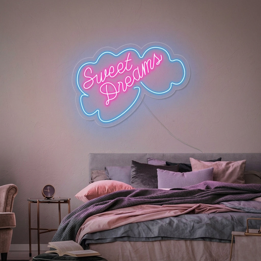 A lifestyle photo of a cozy bedroom at dusk, featuring the illuminated 'Sweet Dreams' neon sign mounted on a textured wall above a bed with plush bedding.