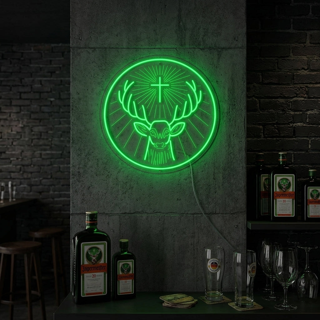 A Jägermeister German Digestif neon sign, featuring the iconic stag logo, glowing brightly on a textured wall in a styled bar setting.