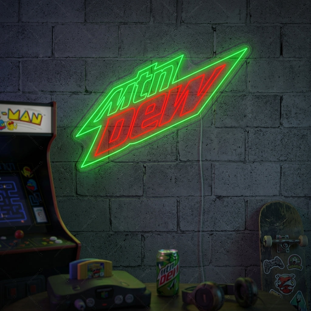 Vibrant green and white Mountain Dew logo neon sign illuminated against a textured brick wall in a cozy room setting.