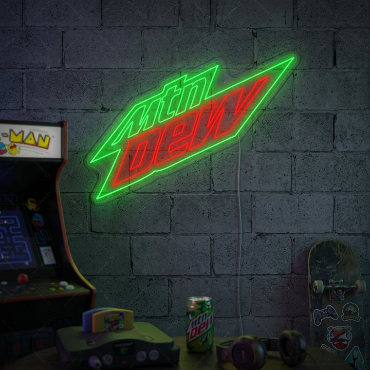 Vibrant green and white Mountain Dew logo neon sign illuminated against a textured brick wall in a cozy room setting.