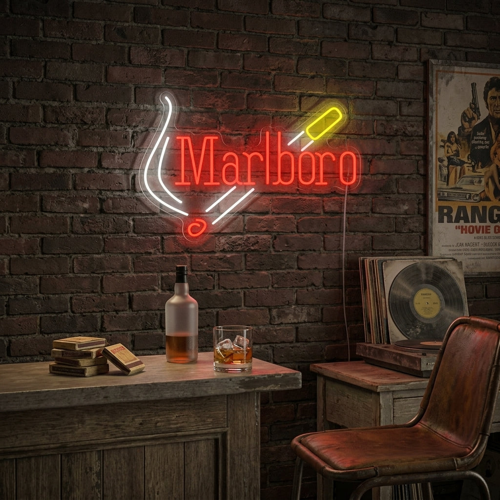 A glowing red and white Marlbor logo neon sign mounted on a textured brick wall in a rustic room setting.