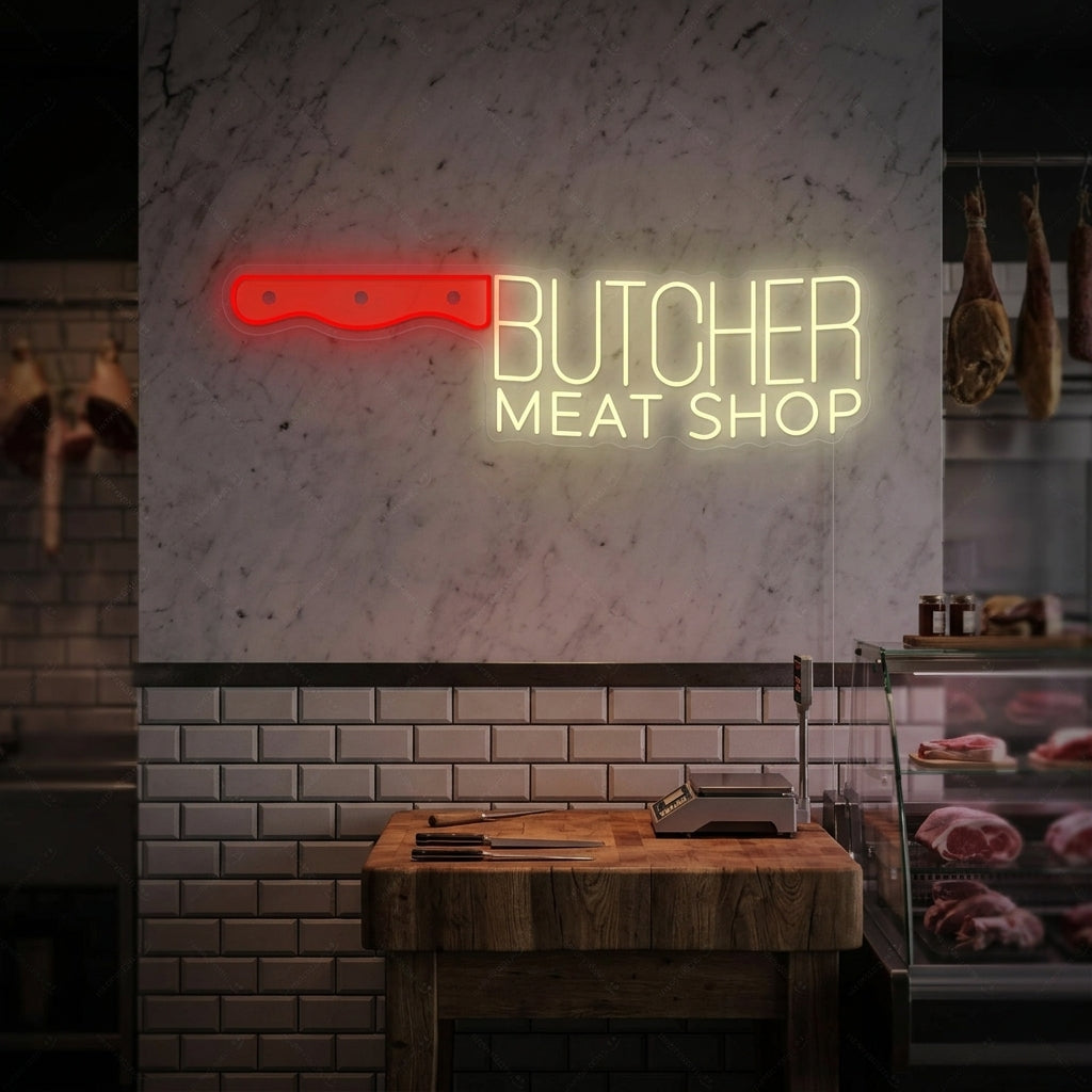 A glowing neon sign featuring the words "Butcher Meat Shop" in a retro font, mounted on a rustic wooden wall.
