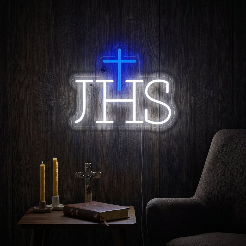A vibrant 'Ihs Jesus Symbol' neon sign glowing on a modern home prayer corner wall.