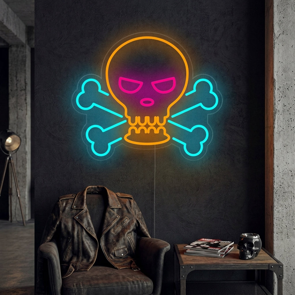 A lifestyle shot showing the 'Skull and Bones' neon sign glowing on an exposed brick wall, creating an edgy ambiance in a modern lounge area.