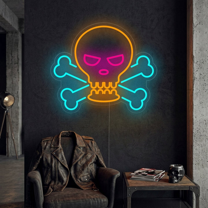 A lifestyle shot showing the 'Skull and Bones' neon sign glowing on an exposed brick wall, creating an edgy ambiance in a modern lounge area.
