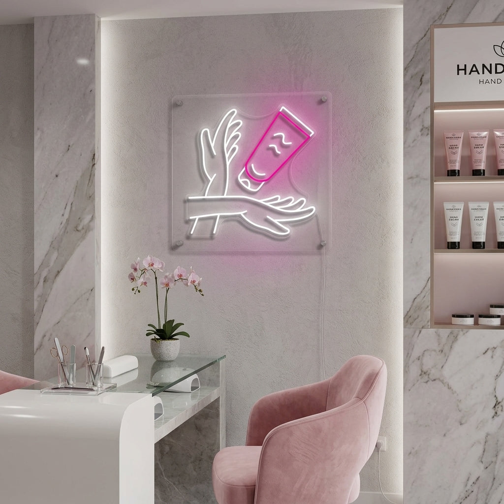Close-up photograph of a glowing blue "Hand Care" neon sign with a stylized hand icon, mounted on a rustic bathroom wall above a concrete sink.