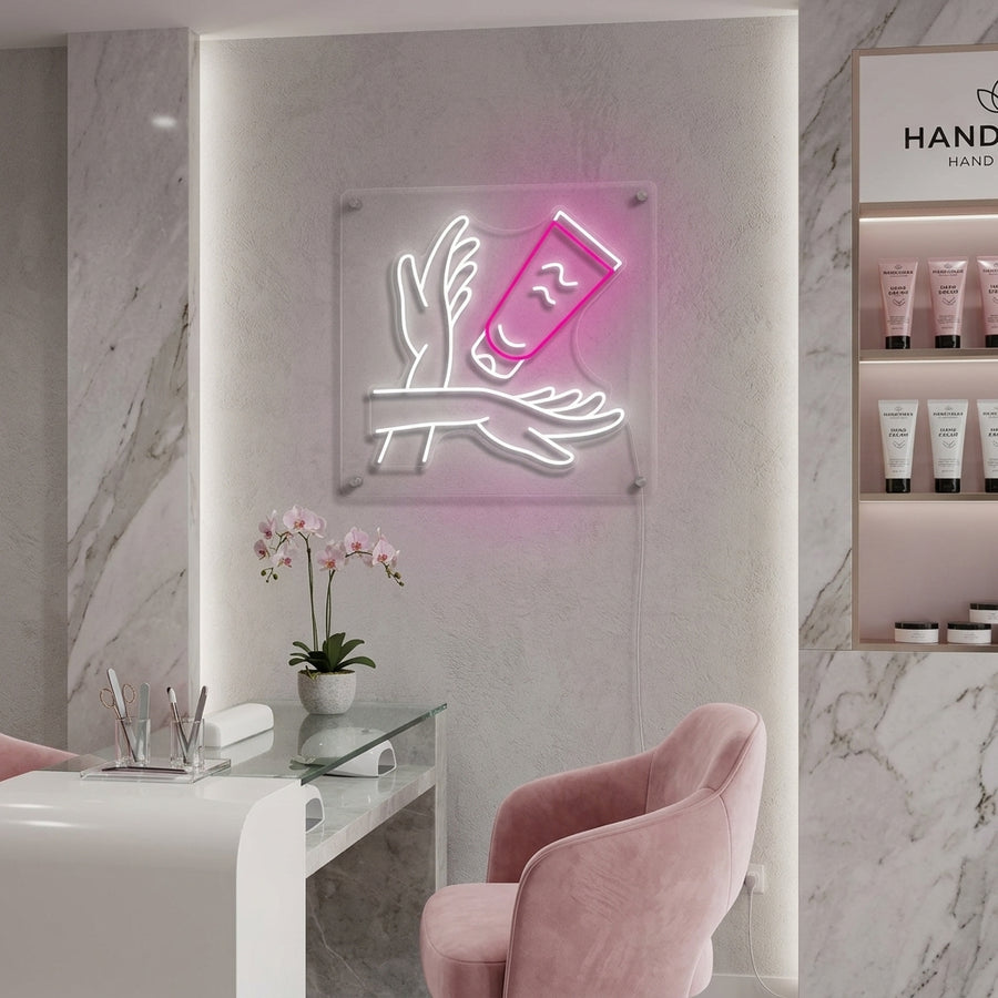 Close-up photograph of a glowing blue "Hand Care" neon sign with a stylized hand icon, mounted on a rustic bathroom wall above a concrete sink.