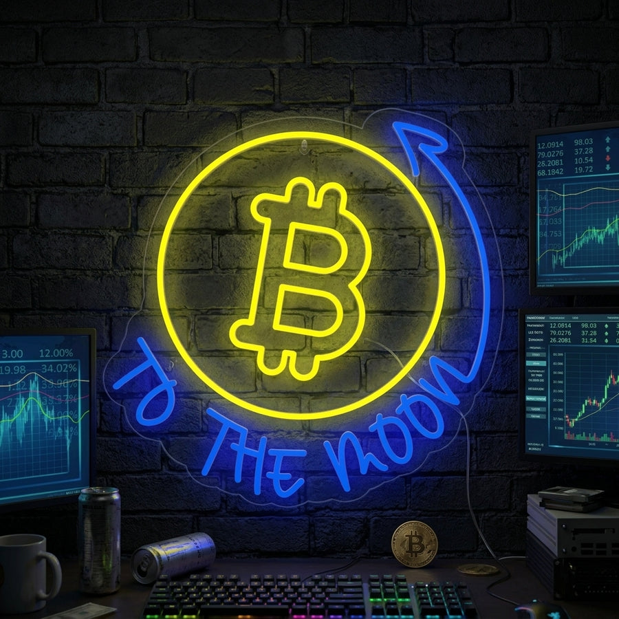 A lifestyle shot showing the 'Bitcoin to the Moon' neon sign glowing brightly on a textured wall in a modern office, creating an inspiring crypto atmosphere.