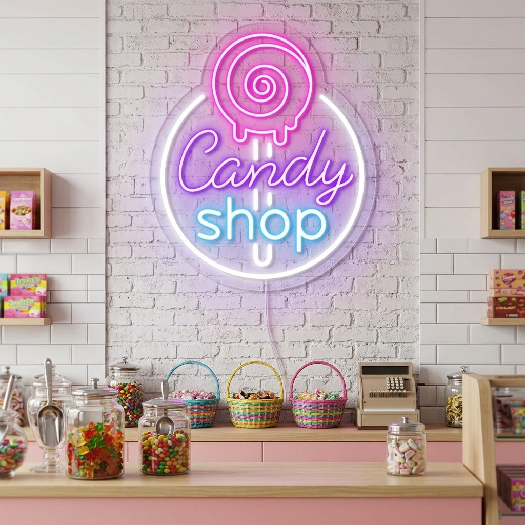A vibrant 'Candy Shop' neon sign with colorful pink, blue, yellow, and green script, glowing brightly on a brick wall in a lifestyle setting.