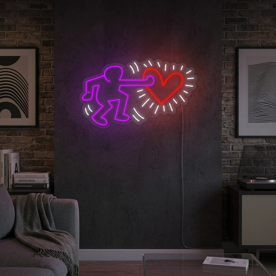 Warm red glowing "Send Love" neon sign displayed on a stylish, exposed brick wall in a cozy living room, creating a romantic and modern ambiance.