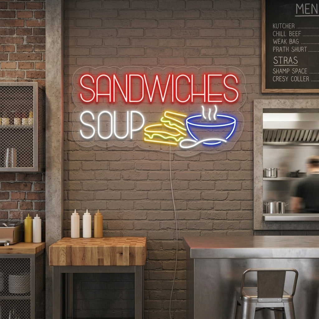 A candid, sunlit photograph capturing a modern sandwich shop interior. Above the counter, an glowing orange neon sign reading 'SANDWICHES SOUP' is clearly illuminated against a brick wall. Below the sign, a customer in a denim jacket orders from a menu board while a barista works, surrounded by wooden shelves and fresh ingredients.