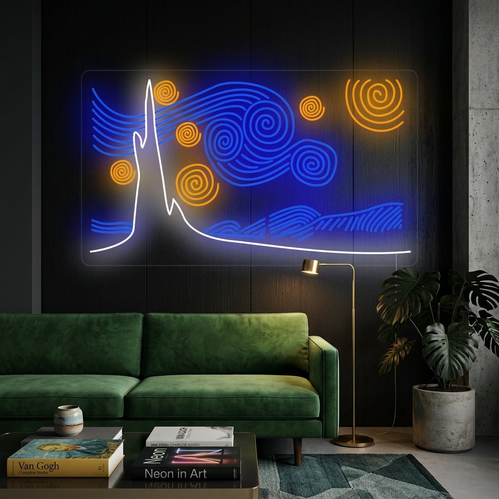 Starry Night neon sign inspired by Van Gogh's artwork, glowing on a dark wall in a modern living room