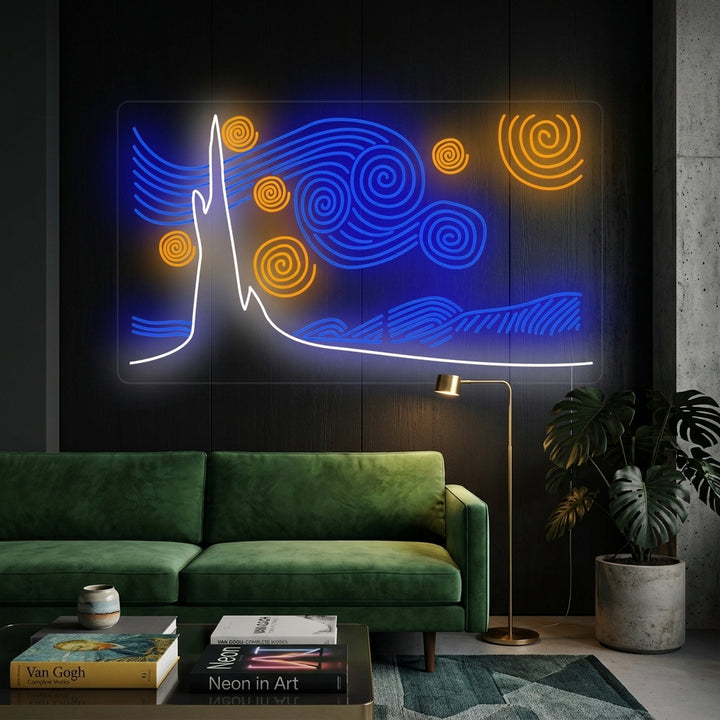 Starry Night neon sign inspired by Van Gogh's artwork, glowing on a dark wall in a modern living room
