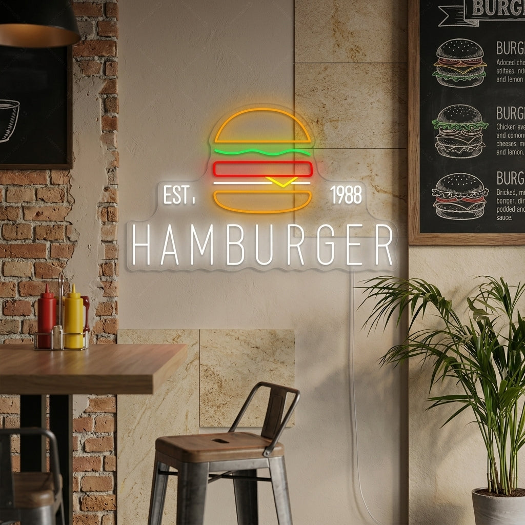 A custom hamburger neon sign glows warmly on a textured brick wall in a cozy diner setting.