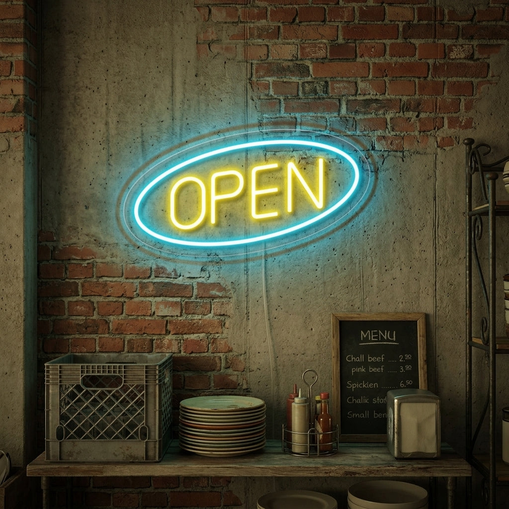 Classic glowing 'OPEN' neon sign with clear lettering displayed in a window during daytime, inviting customers in.