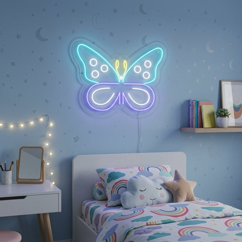 A glowing blue butterfly neon sign mounted on a textured living room wall above a modern armchair.