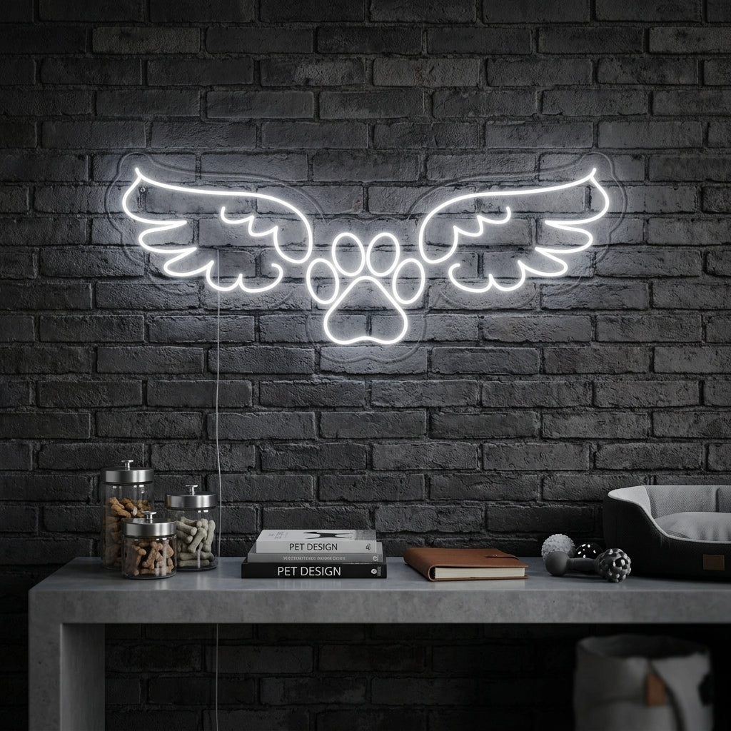 A cozy living room featuring the glowing Dog Angel Wings neon sign mounted on a textured wall, with an armchair and houseplant nearby, creating a warm ambiance.