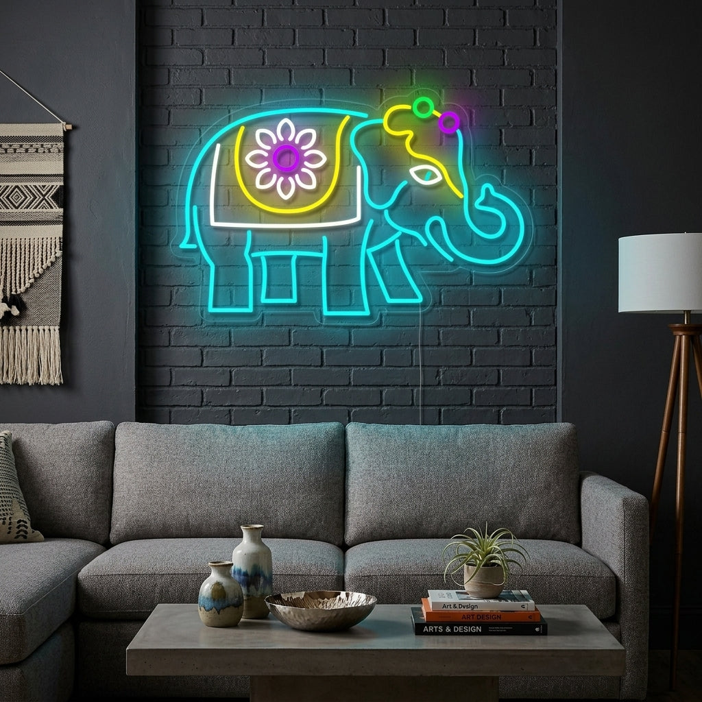 Indian Elephant neon sign glowing on a living room wall