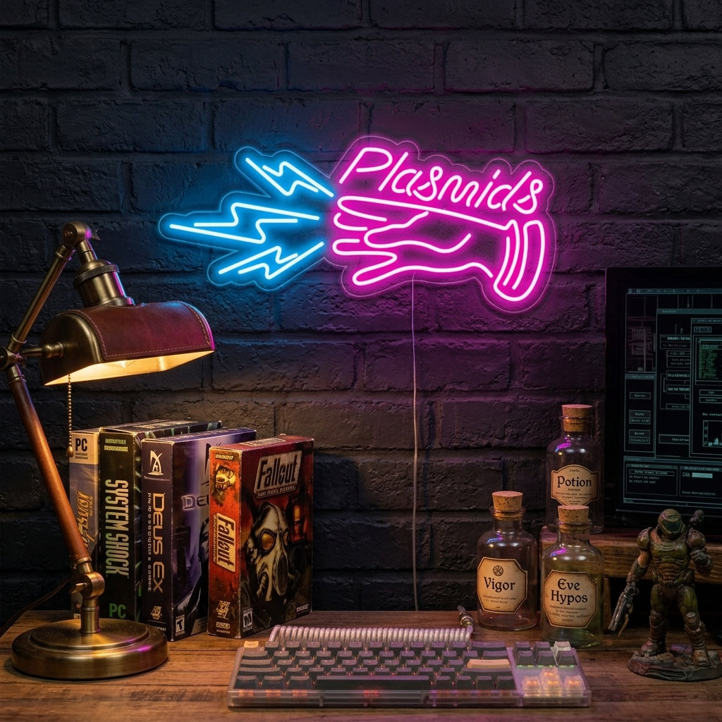 Gamer bedroom with Plasmids neon sign illuminating a desk setup with a laptop and plant.