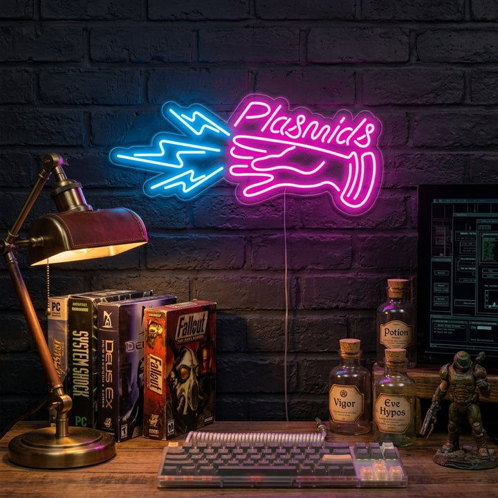 Gamer bedroom with Plasmids neon sign illuminating a desk setup with a laptop and plant.