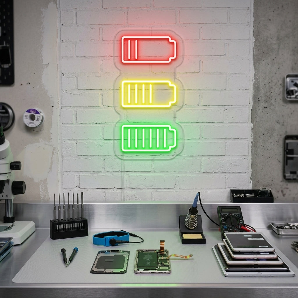 A glowing battery symbol neon sign on a geometric wall, creating a dynamic ambiance in a gaming room setting.