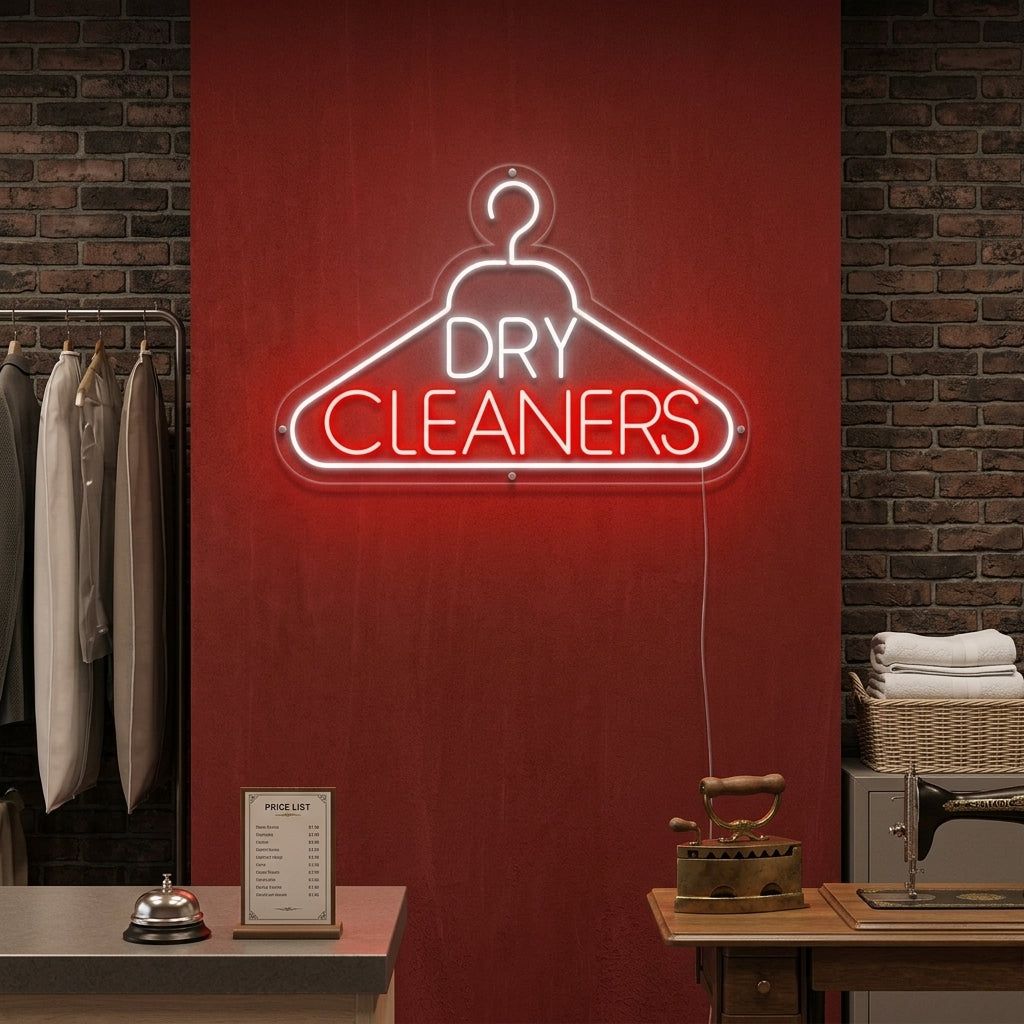 Lifestyle image showcasing the Laundry Dry Cleaners neon sign hanging prominently above a service counter in a clean, modern laundry shop environment.