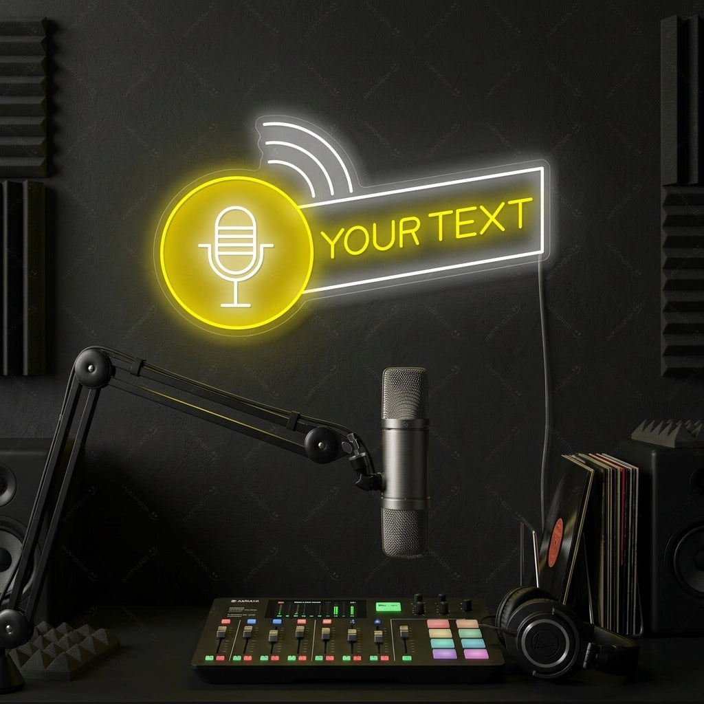 Customizable neon sign featuring a generic podcast logo with a microphone icon over the words 'YOUR PODCAST' and 'SINCE 2021', glowing warm white and orange on an exposed brick wall, powered and mounted on a clear acrylic backing.