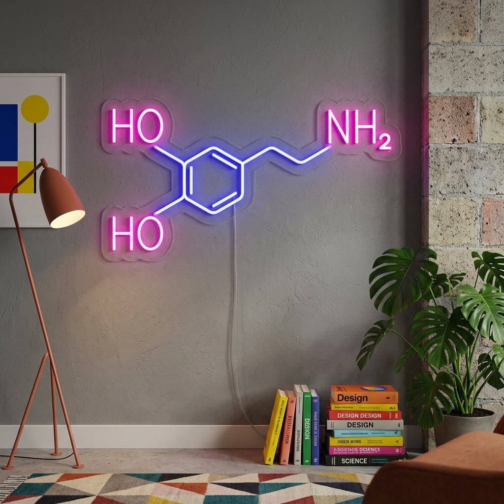 A glowing Dopamine Molecule Neon Sign hanging on a dark wall above a desk with books and a laptop, creating a stylish and intellectual atmosphere.