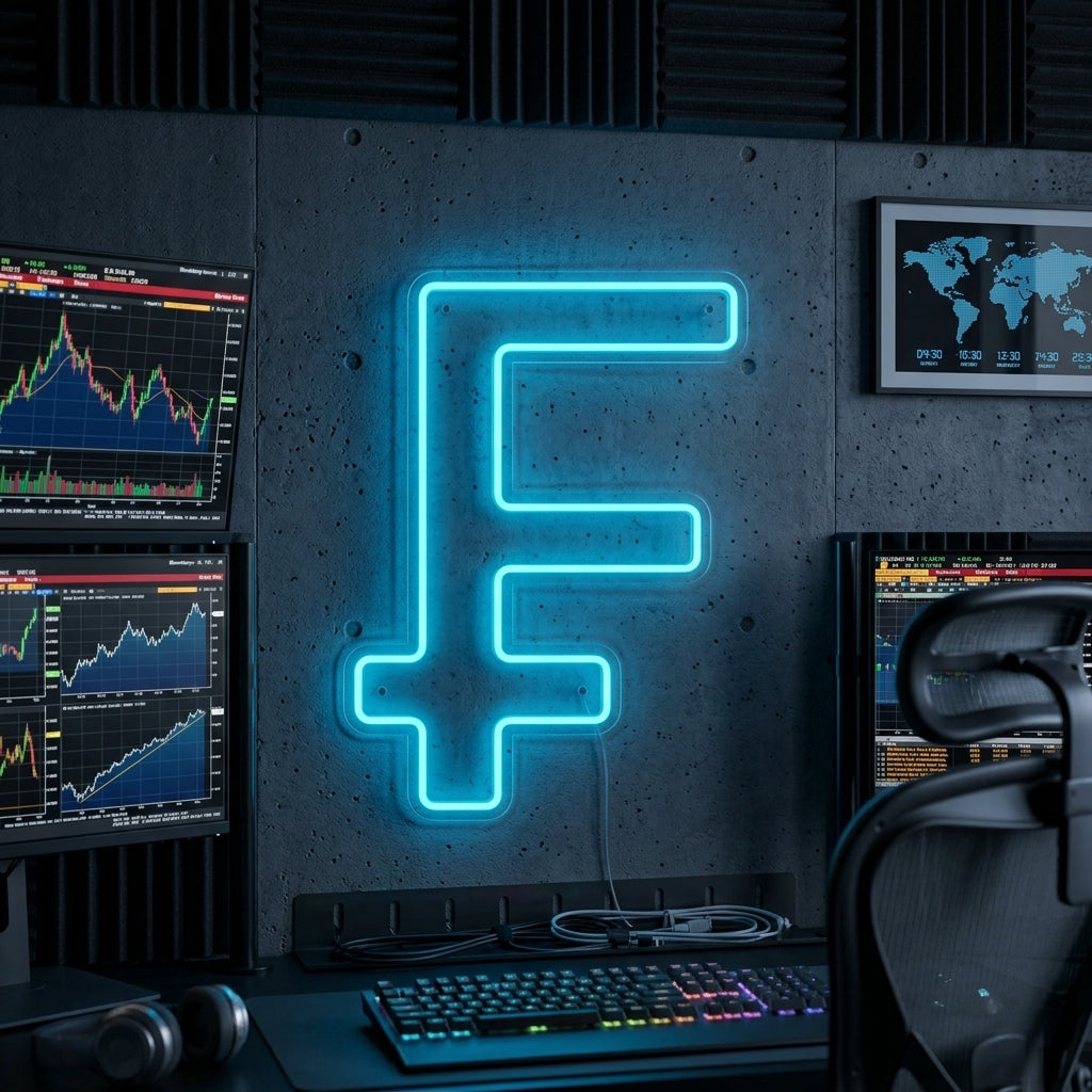 A glowing neon sign of the Swiss Franc symbol mounted on a modern dark wall in an office setting.