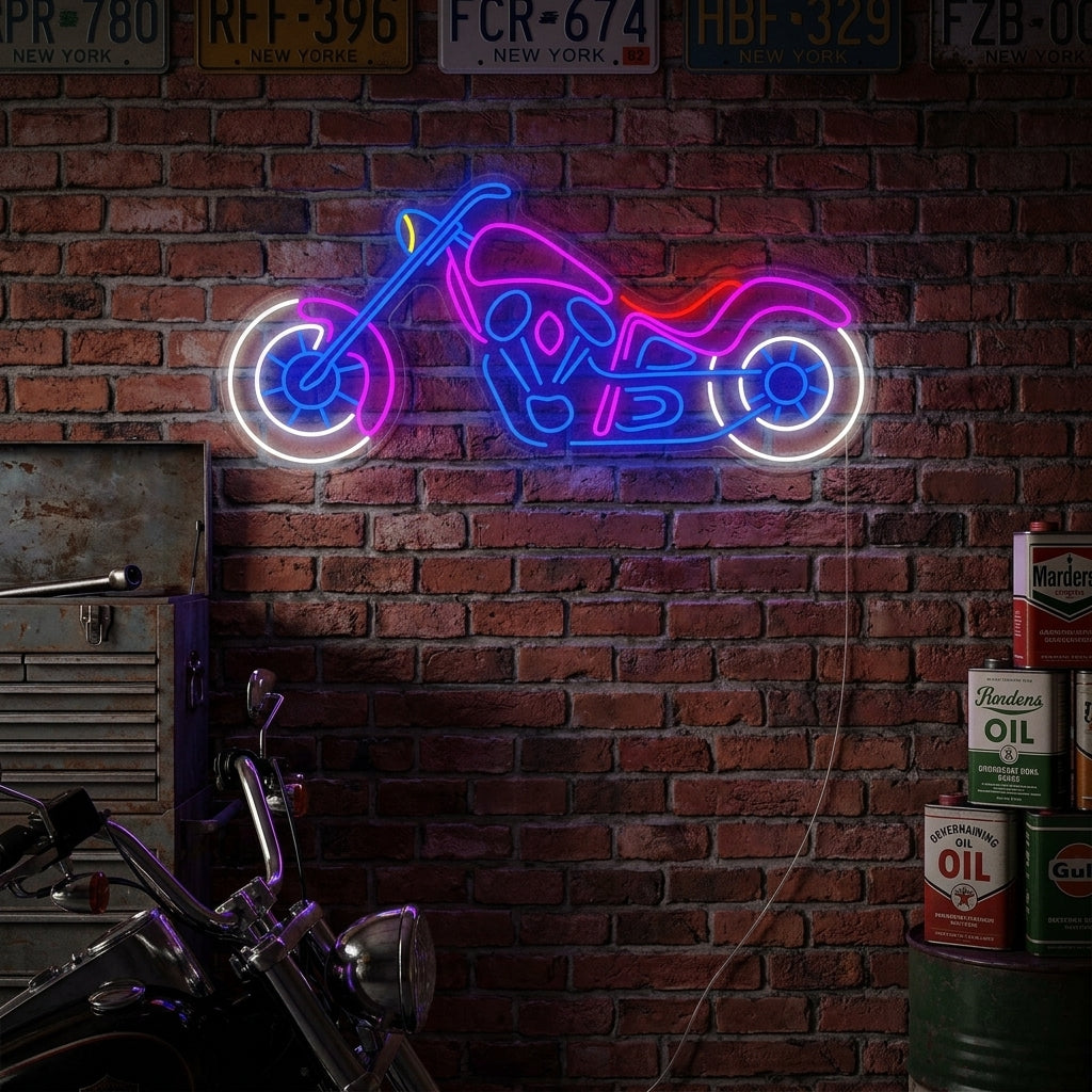 A close-up photograph of a dynamic 'Motorbike' neon sign with an iconic motorcycle silhouette, glowing brightly as part of stylish garage or workshop wall decor.