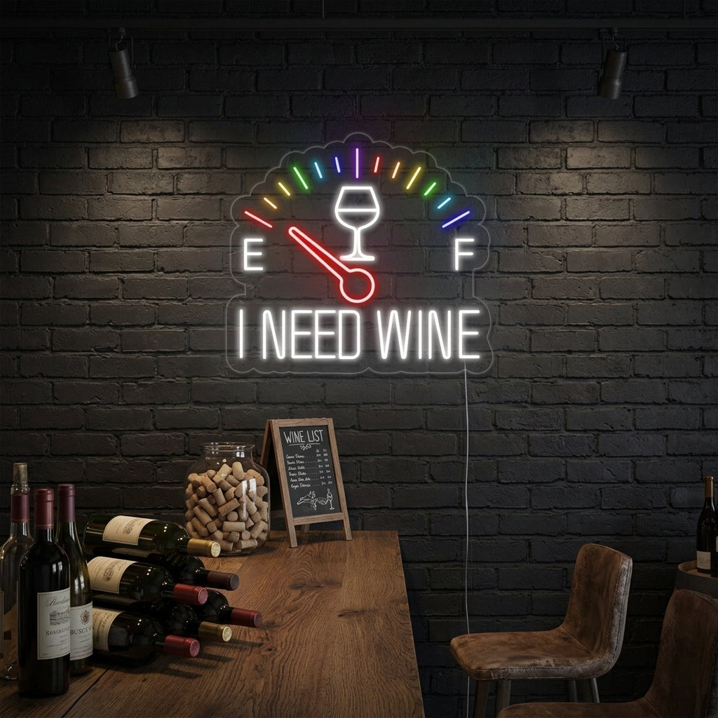A lifestyle photo of the 'I Need Wine Clock' neon sign glowing brightly on a brick wall above a well-stocked home bar setup.
