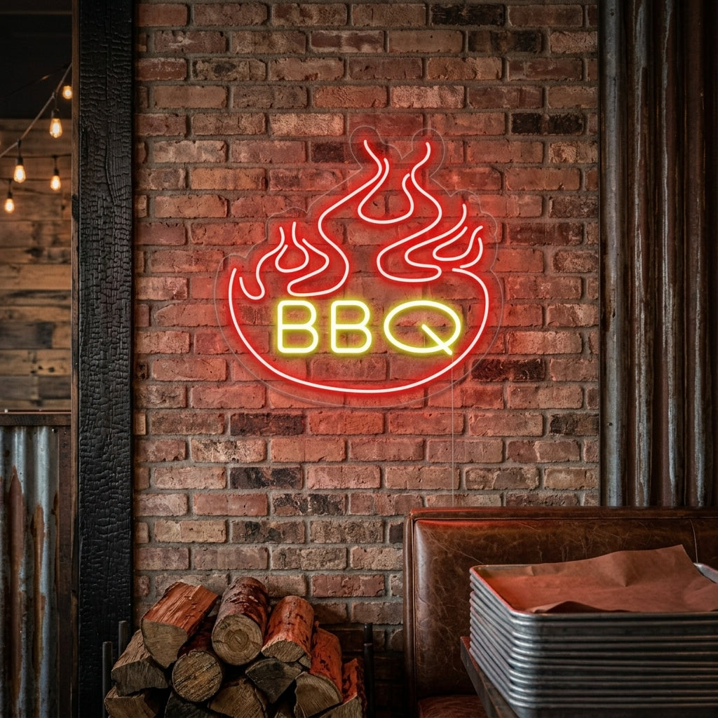 Vibrant lit neon sign spelling "Flames BBQ" with flame graphics, hanging on a rustic brick wall in a busy barbecue restaurant environment.