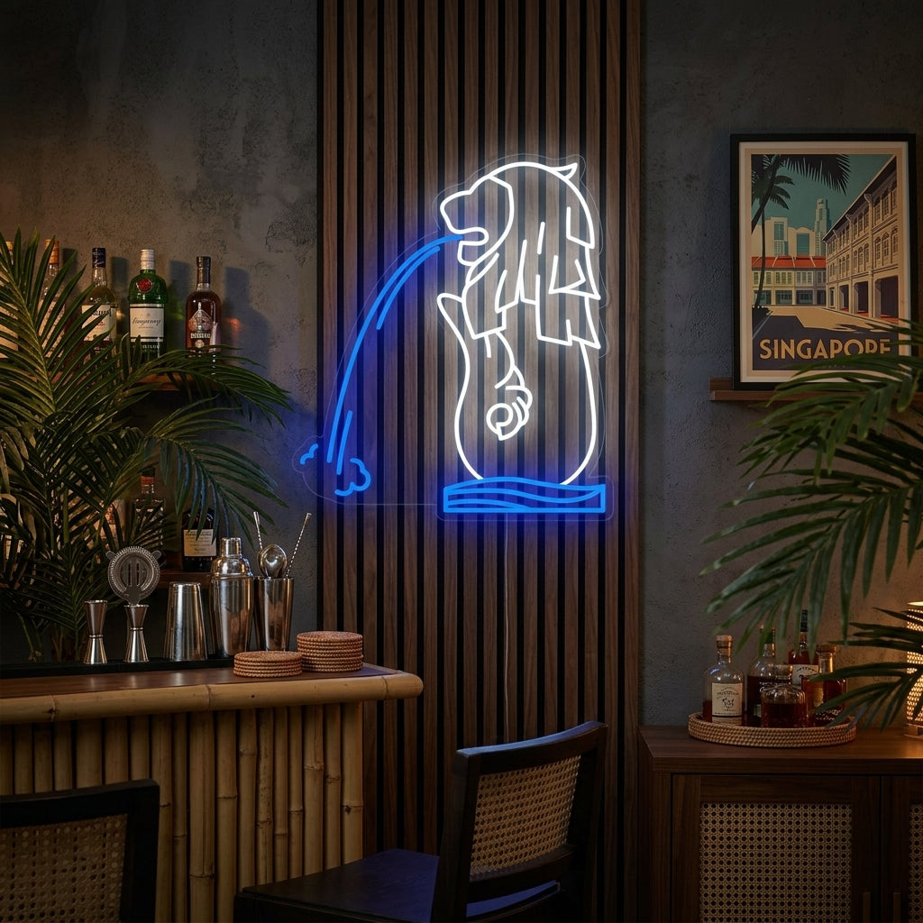 A Singapore Merlion neon sign glowing with a bright light on a brick wall