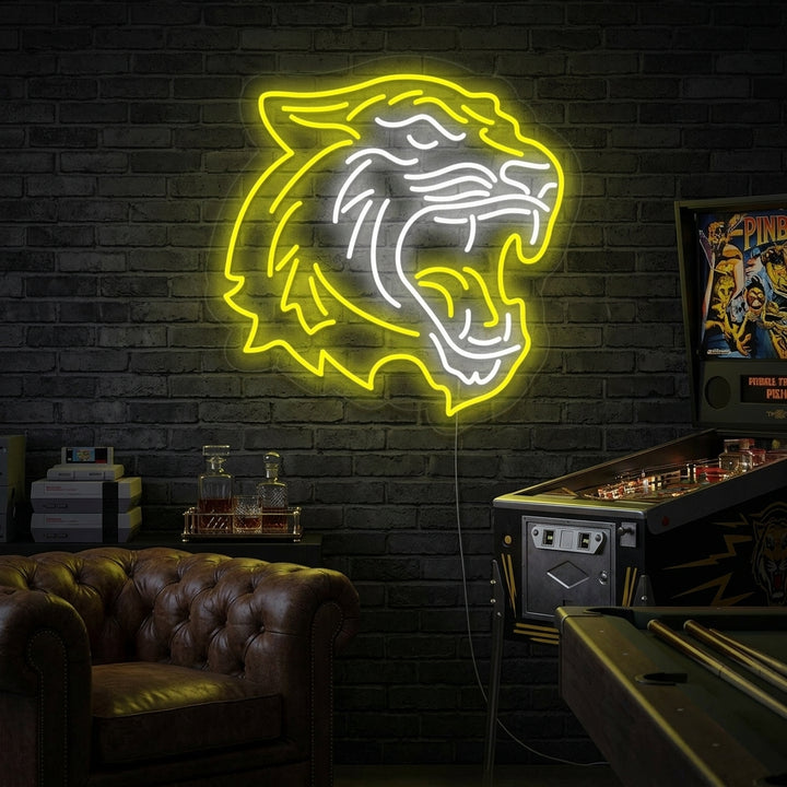 Vibrant Tiger Head neon wall decor in a modern, stylish room setting.