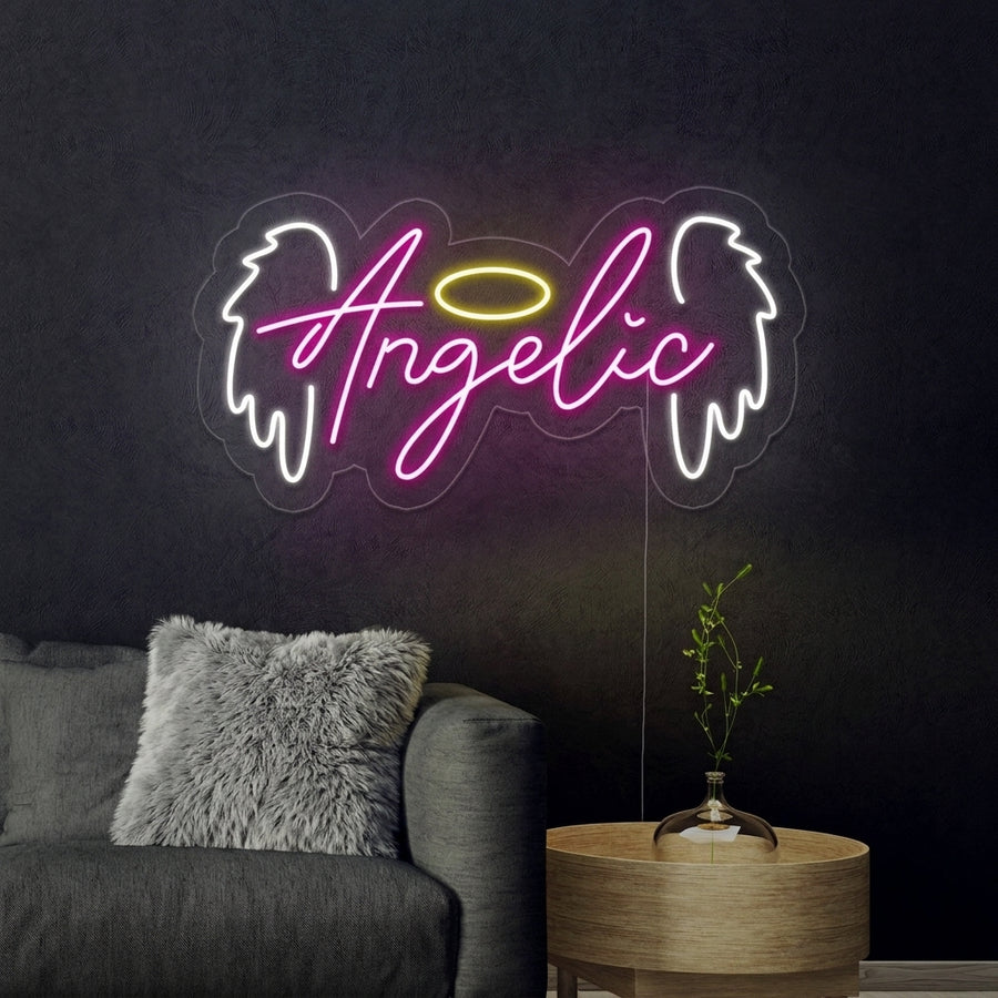 A stunning visual representation of the 'Angelic Angel' neon sign illuminating a contemporary room, creating a peaceful and aesthetic ambiance.